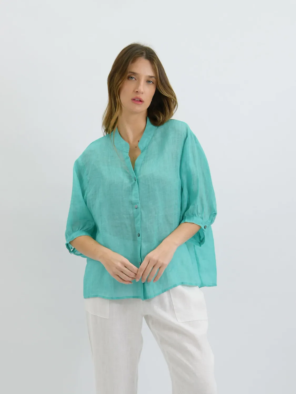 Aurora Sheer Linen Top AQUA, size: S/M