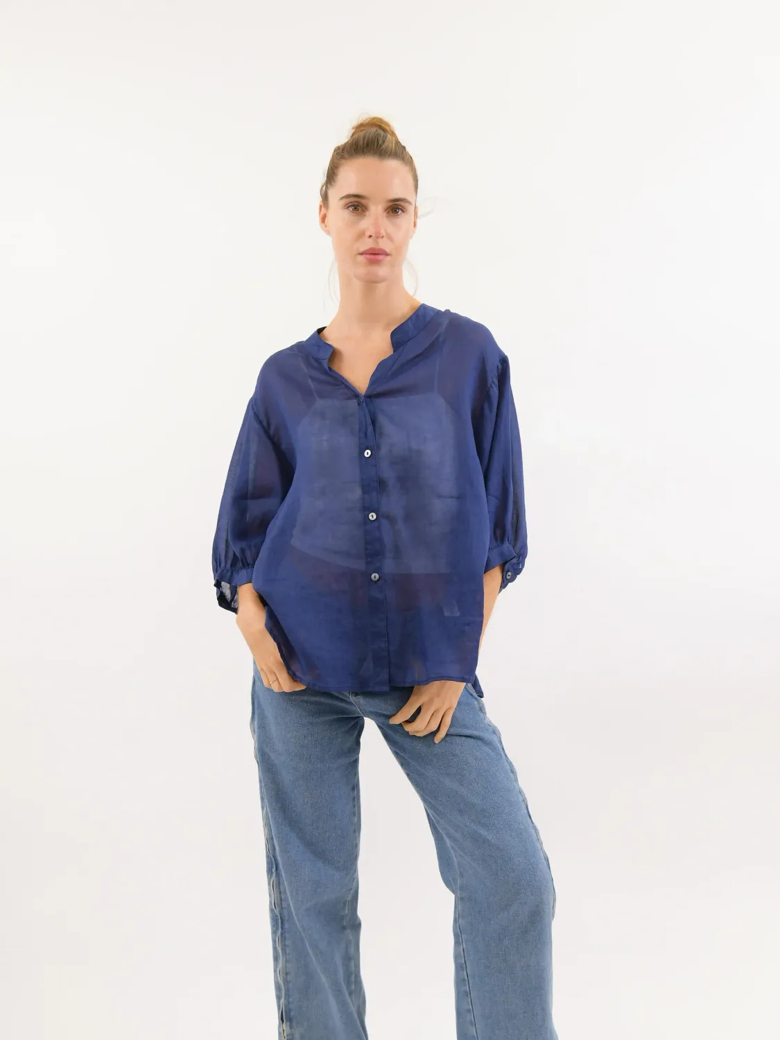 Aurora Sheer Linen Top NAVY, size: S/M