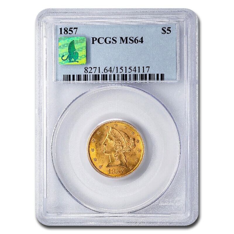 1857 $5 Liberty Gold Half Eagle PCGS MS-64