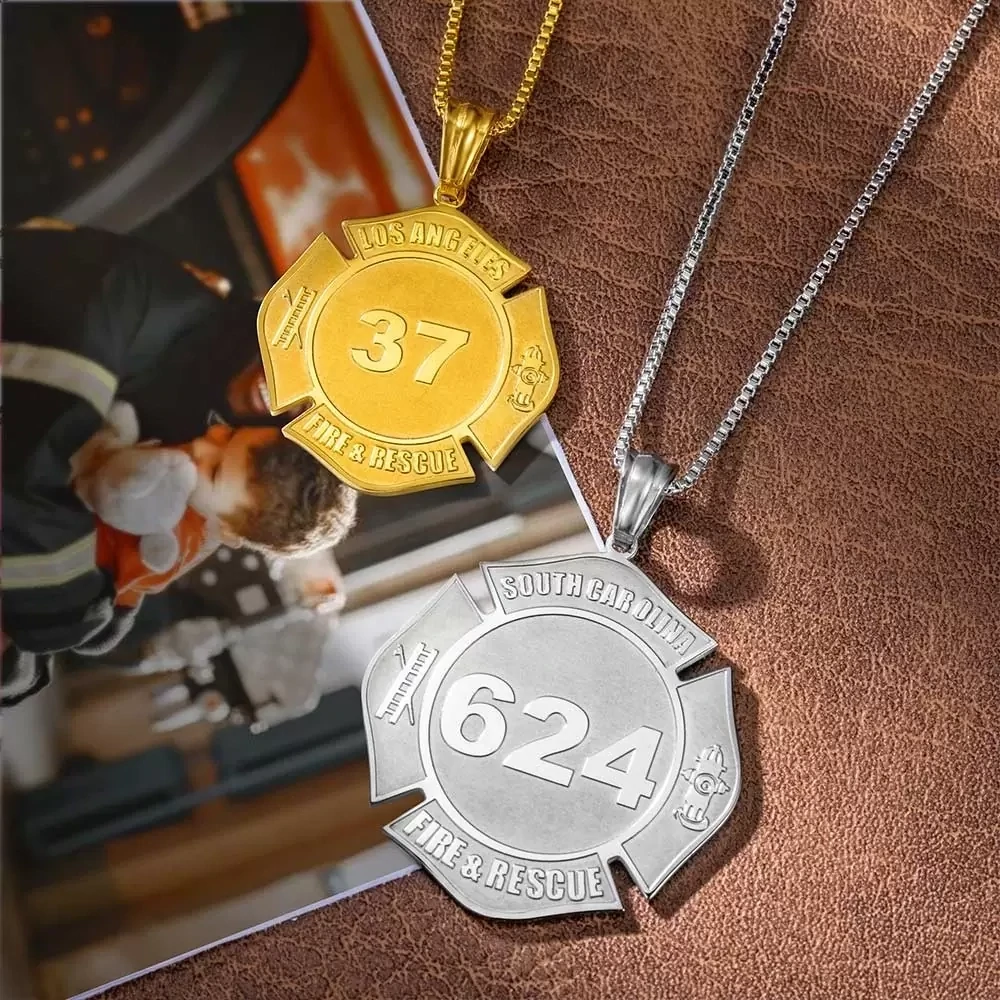 Stainless Steel Custom Firefighter Number &amp; Department Necklace