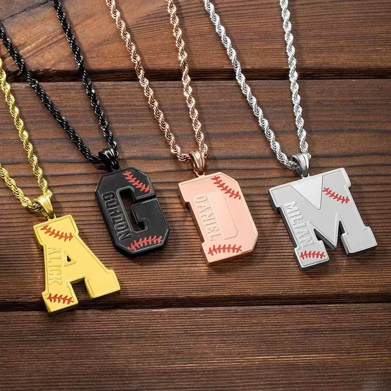 Baseball/Softball Initial Necklace A-Z Letter with Custom Name, Stainless Steel Baseball Jersey Charm Pendant