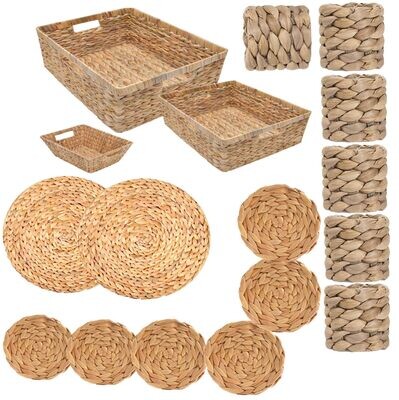 eComahrt Natural Water Hyacinth Bundle Pack - Includes 3 Baskets, 2 Placemats, 6 Coasters, and 6 Napkin Holders for a Complete Set