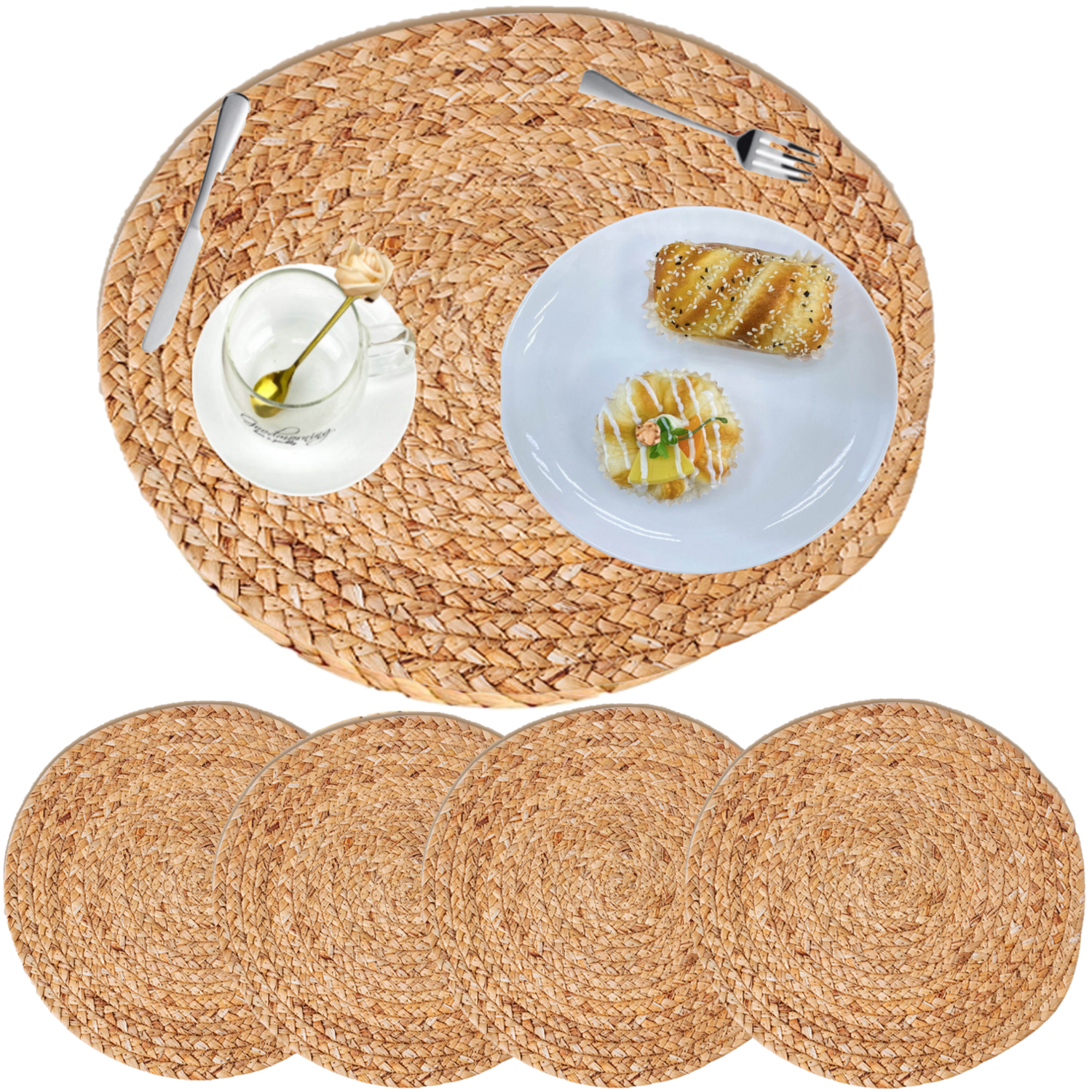 Woven Rattan Placemats - Sets of Round Wicker Charger Plates - Rustic Farmhouse Place Mat, Kitchen, Dinner Table, Wedding and Holidays