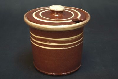 Lidded storage jar - small jam jar with spoon hole