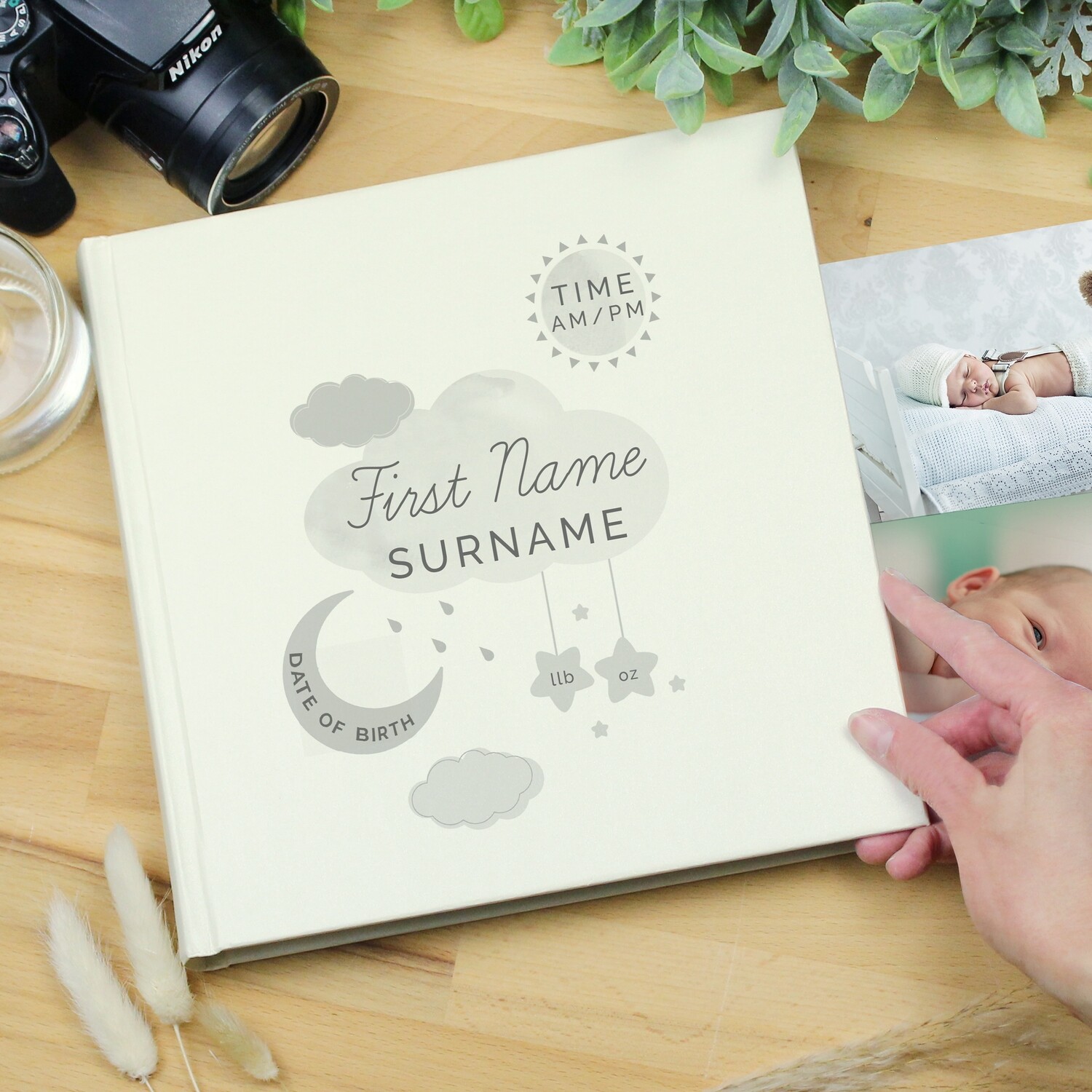 Personalised New Baby Moon &amp; Stars Square Photo Album