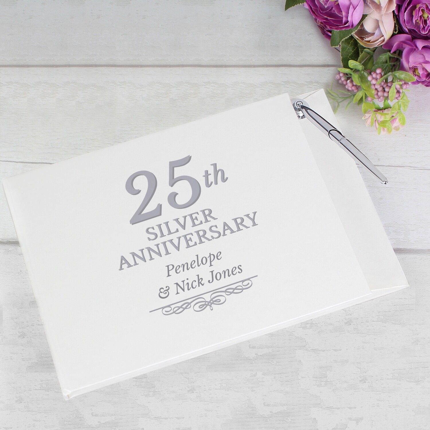 Personalised 25th Silver Anniversary Hardback Guest Book &amp; Pen