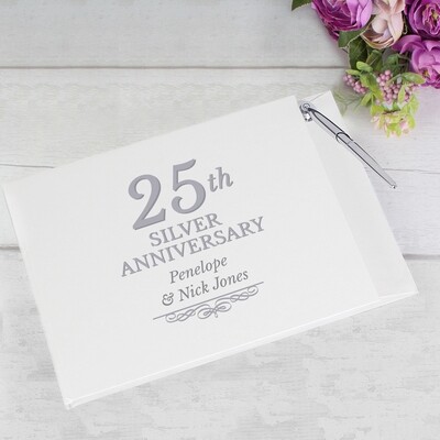 Personalised 25th Silver Anniversary Hardback Guest Book &amp; Pen