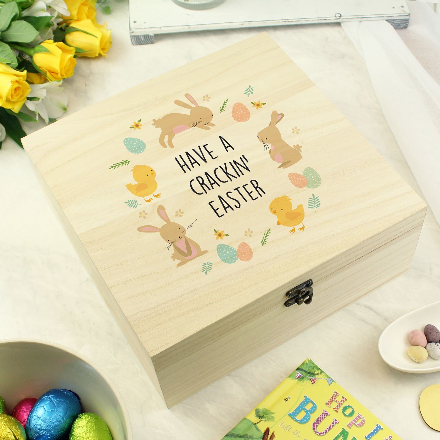 Personalised Easter Bunny &amp; Chick Large Wooden Keepsake Box