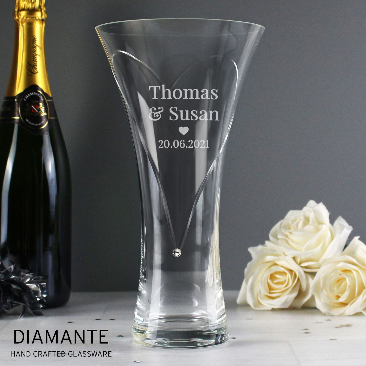 Personalised Mr &amp; Mrs Large Hand Cut Diamante Heart Vase