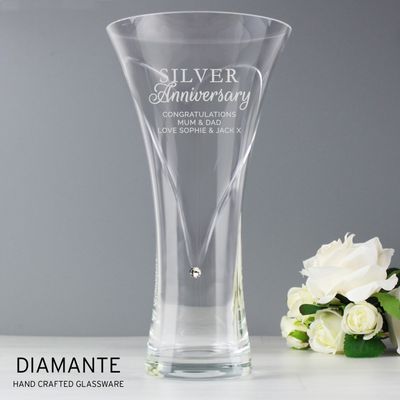 Personalised Silver Anniversary Large Hand Cut Diamante Heart Vase