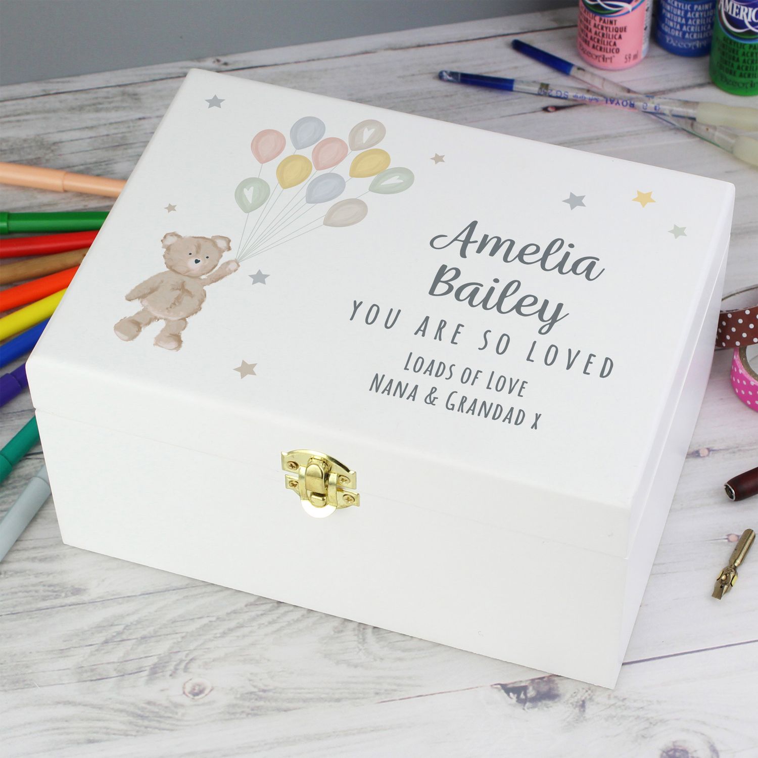 Personalised Teddy &amp; Balloons White Wooden Keepsake Box