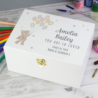 Personalised Teddy &amp; Balloons White Wooden Keepsake Box