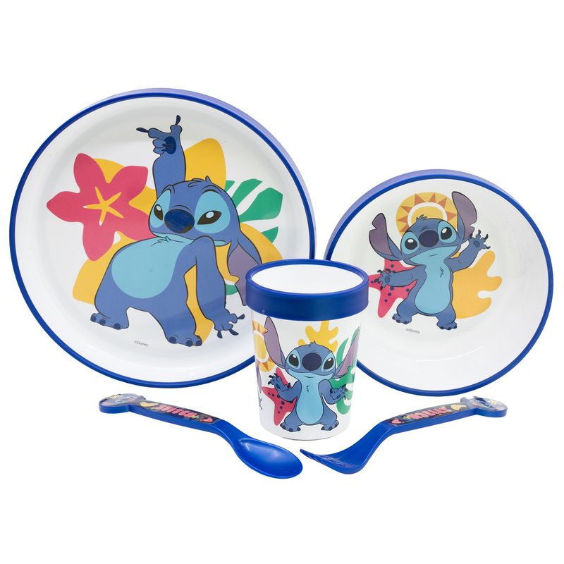 NON SLIP 5 PCS PREMIUM Stitch SET (PLATE, BOWL, TUMBLER, CUTLERY)