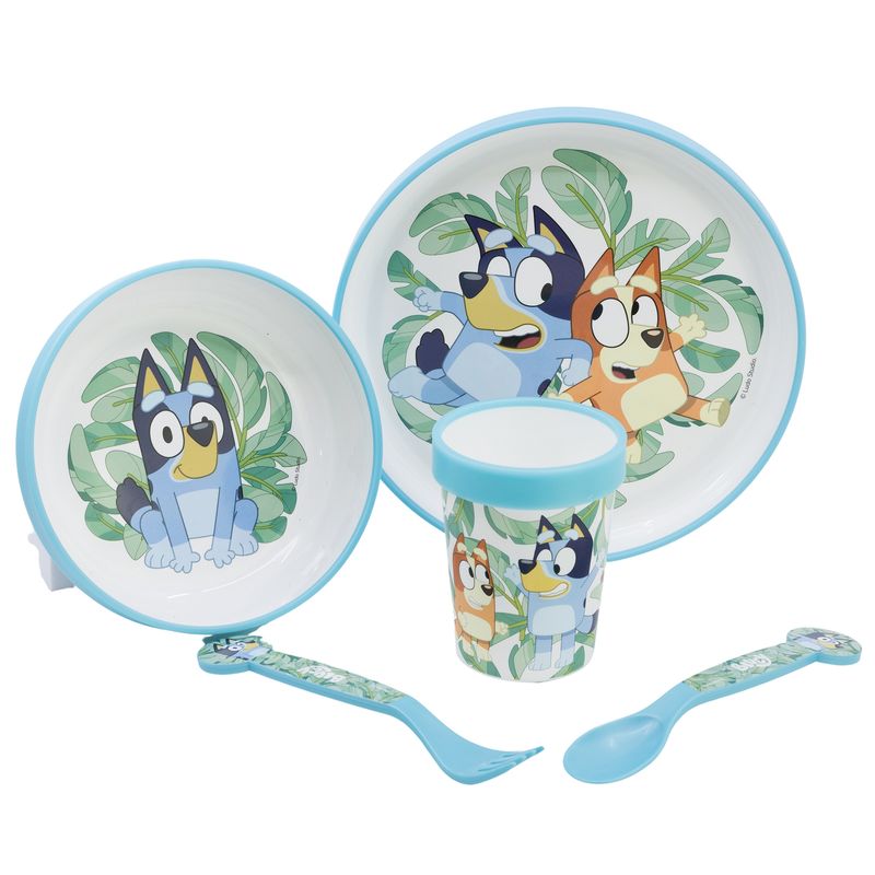 NON SLIP 5 PCS PREMIUM BLUEY SET (PLATE, BOWL, TUMBLER, CUTLERY) IN STANDARD BOX BLUEY