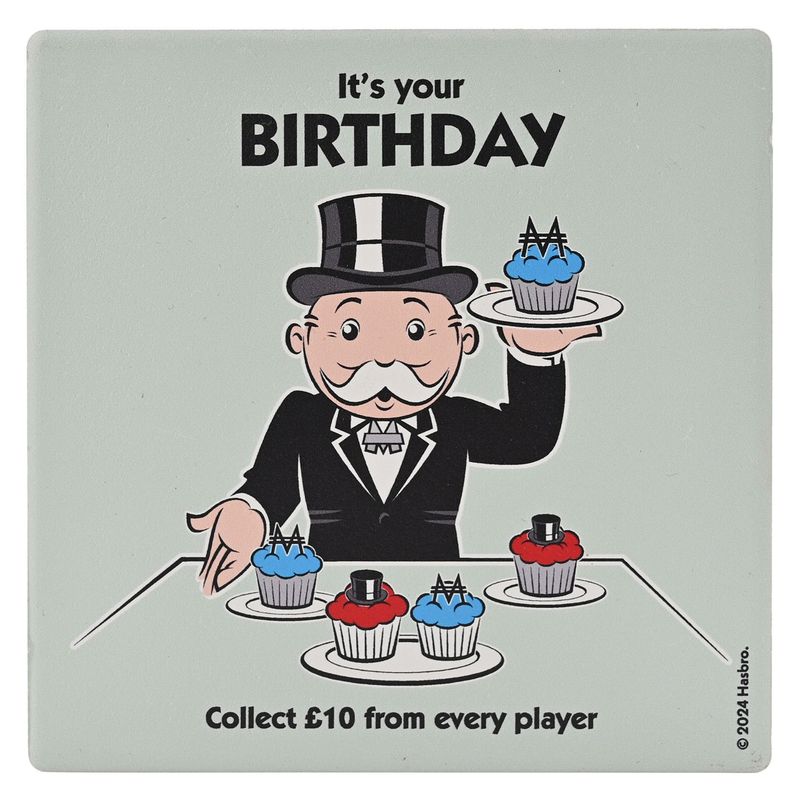 Monopoly Square Coaster in Ceramic &amp; Cork Finish - It&#39;s your Birthday Collect
