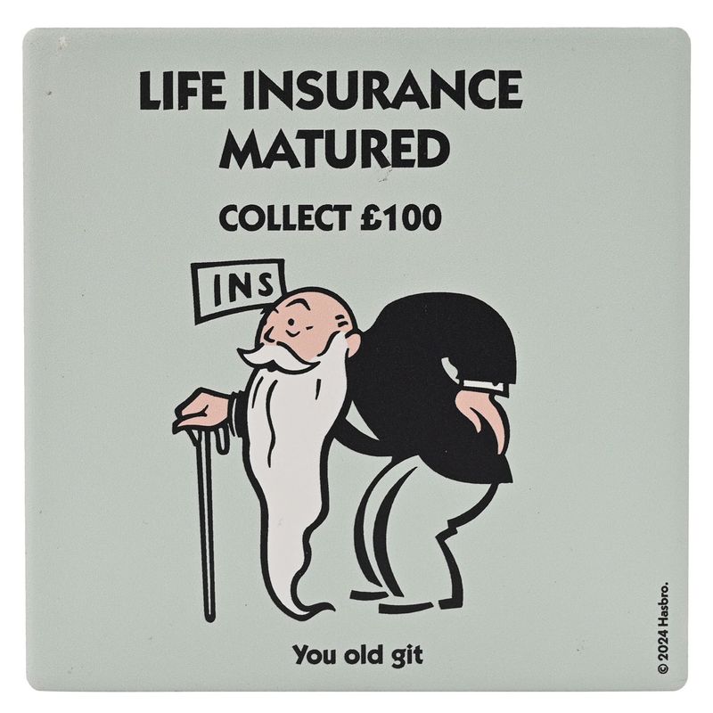 Monopoly Square Coaster in Ceramic &amp; Cork Finish - Life Insurance Matured