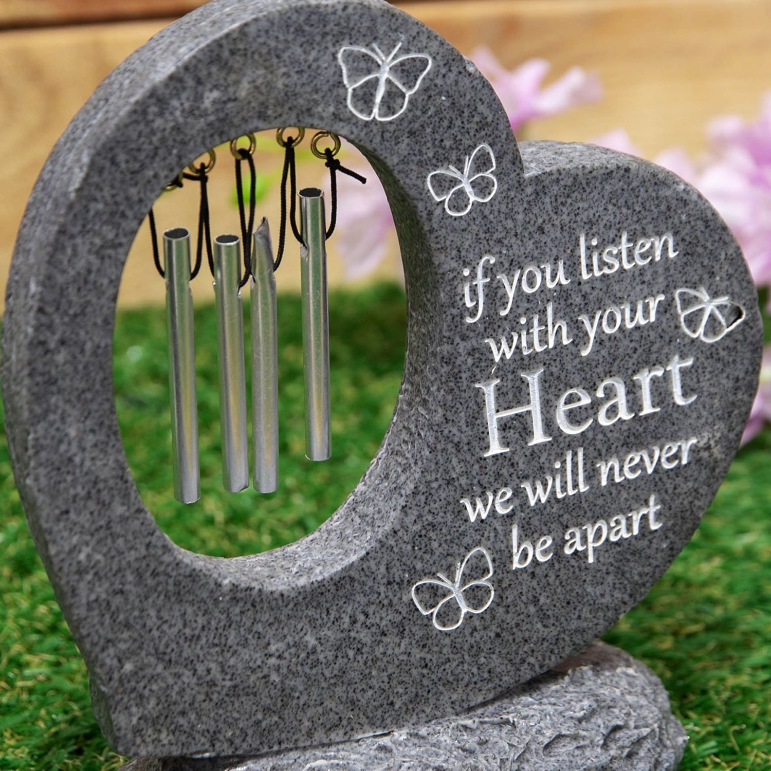 Graveside Stone Heart Wind Chime, Thoughts of You Memorial Plaque Grave Ornament
