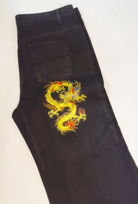 Bad Luck Wide Leg Jeans with Green Dragon