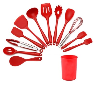 US 13pcs Silicone Cooking Utensils Set With Hook Design Comfortable Handle Non-stick Kitchen Accessories Red