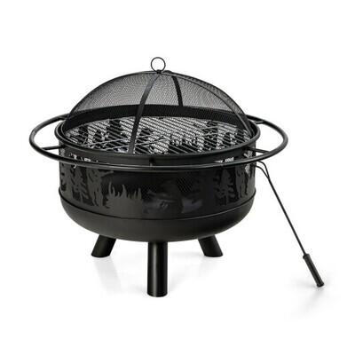 30 Inch Outdoor Wood Burning Fire Pit with Fire Poker and Cooking Grill-Black - Color: Black