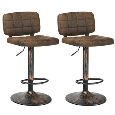Set of 2 Vintage Bar Stools with Adjustable Height and Footrest - Color: Brown