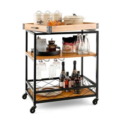 3 Tiers Industrial Bar Serving Cart with Utility Shelf and Handle Racks-Natural - Color: Natural