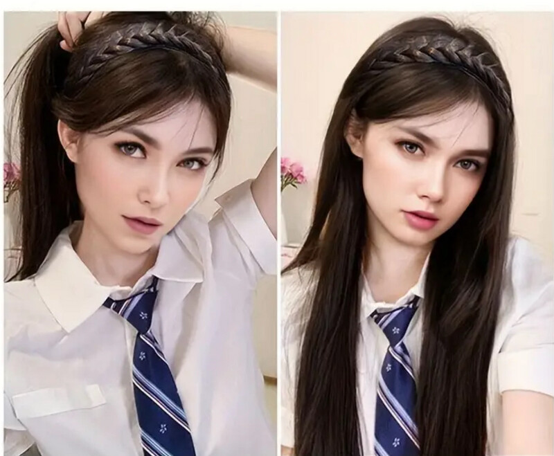 Black Brown Half Head Wig Topper With Braided Headband. Easy Stylish Use 20inch