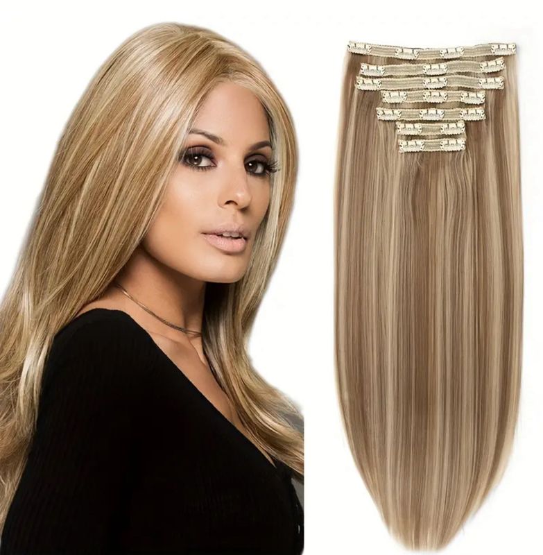 Luxurious 20-Inch Clip-In Hair Extensions for Women - Soft, High-Quality Synthetic Fiber, 7pcs Set