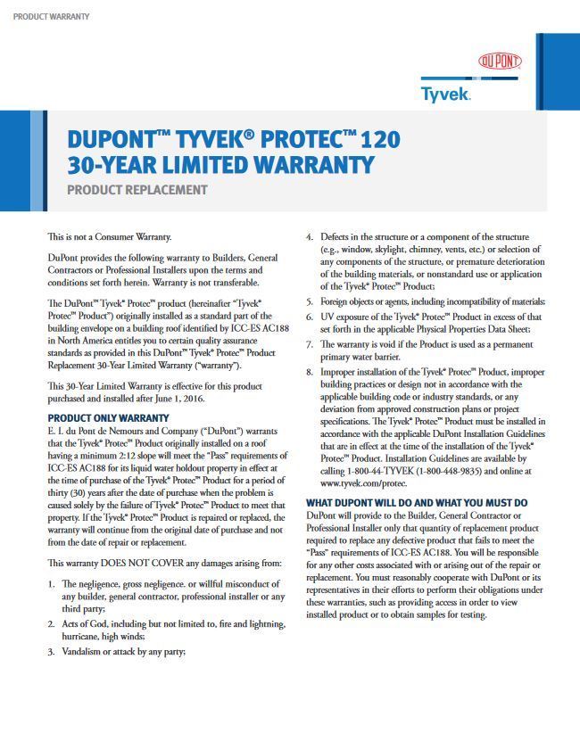 K27373 DuPont Tyvek Protec 120 Warranty (P)