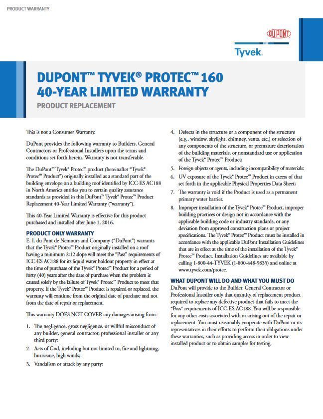K27374 DuPont Tyvek Protec 160 Warranty (P)