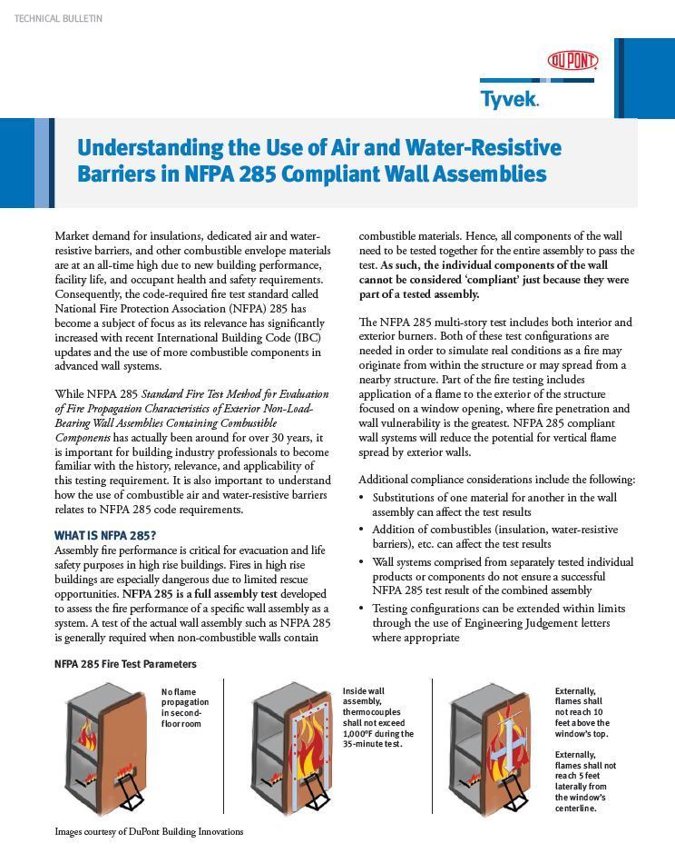 K29426 DuPont Tyvek Understanding the Use of Air and Water-Resistive Barriers in NFPA 285 Compliant Wall Assemblies