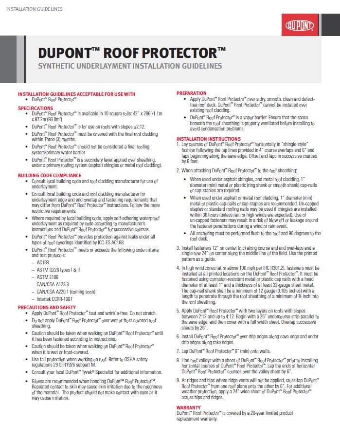K29445 DuPont Tyvek Roof Protector Synthetic Underlayment Installation Guidelines (P)