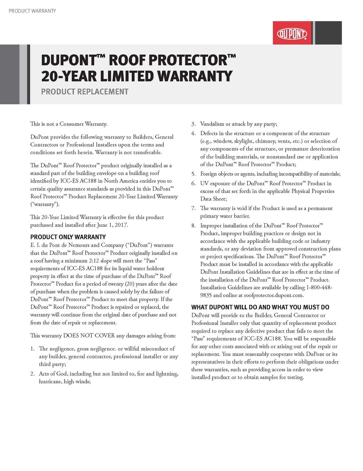 K29450 DuPont Tyvek Warranty: Roof Protector (P)