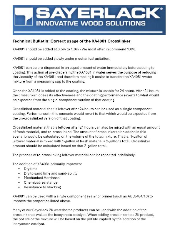 Sayerlack XA 4081 Technical Bulletin (E)