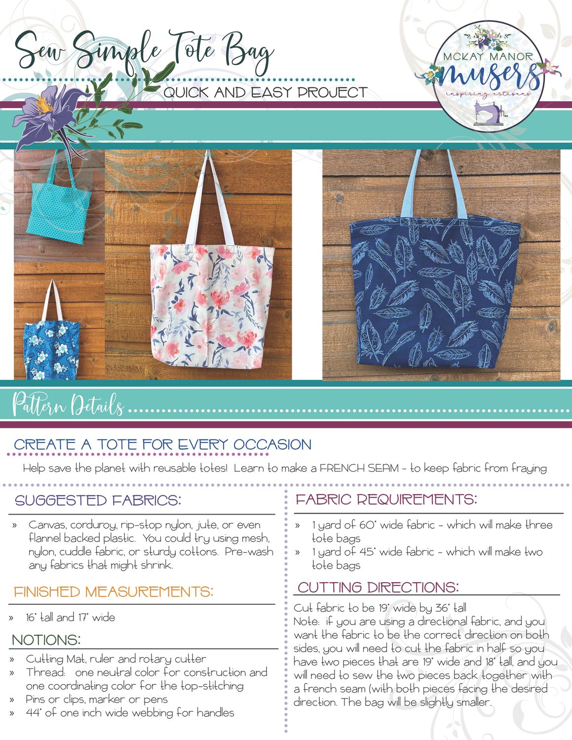Canvas Tote Bag Downloadable Pattern