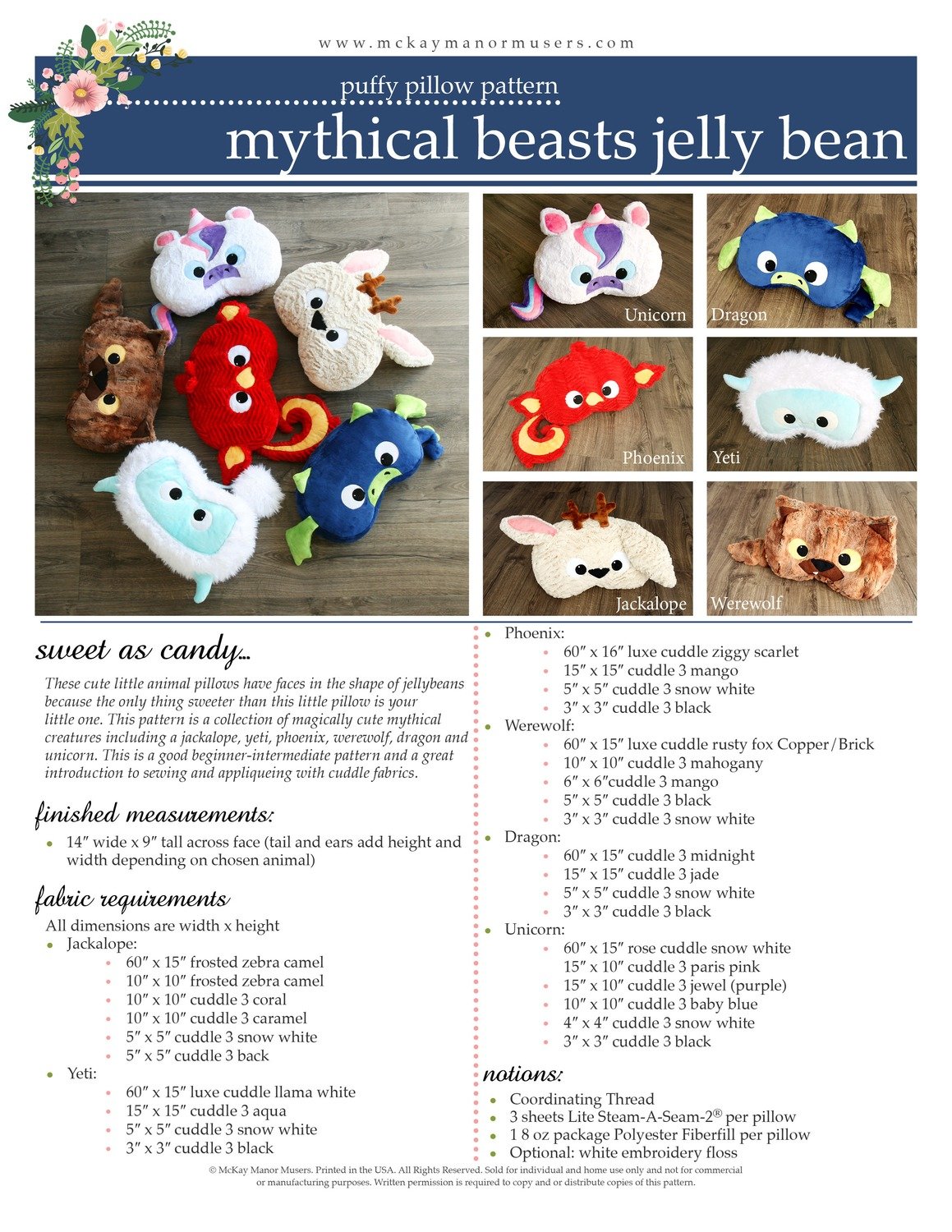 Mythical beasts jelly bean pillow PDF pattern