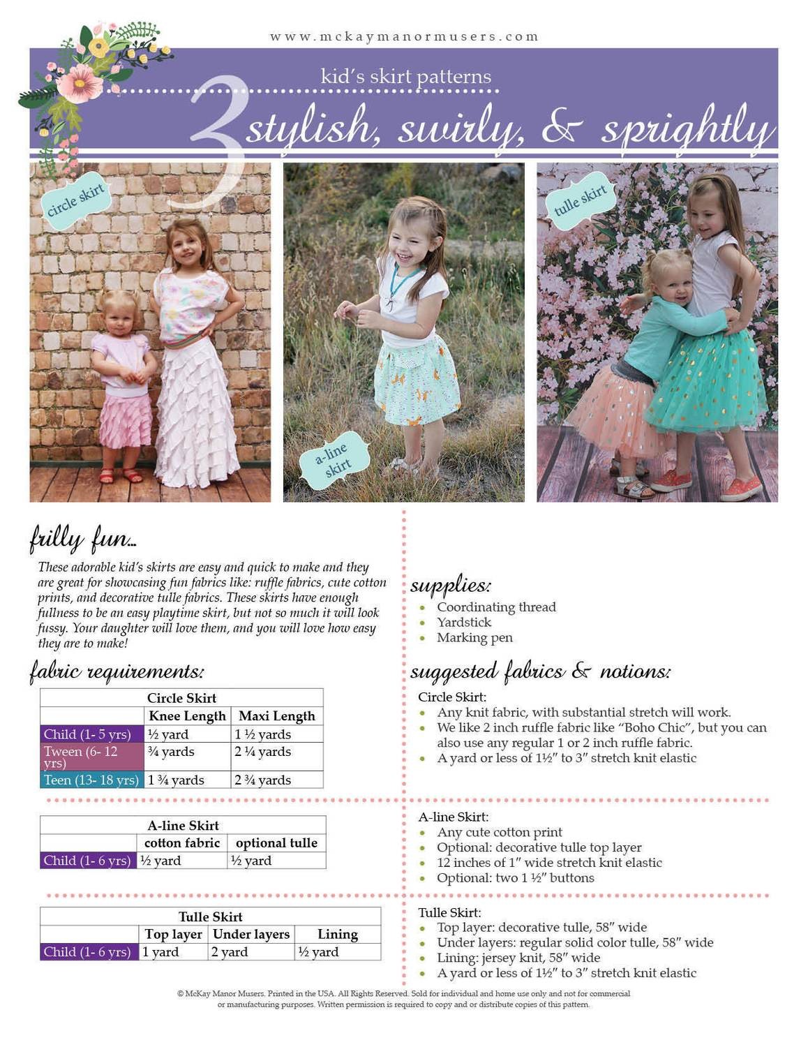 3 Stylish, Swirly, &amp; Sprightly Kids Skirts PDF Pattern