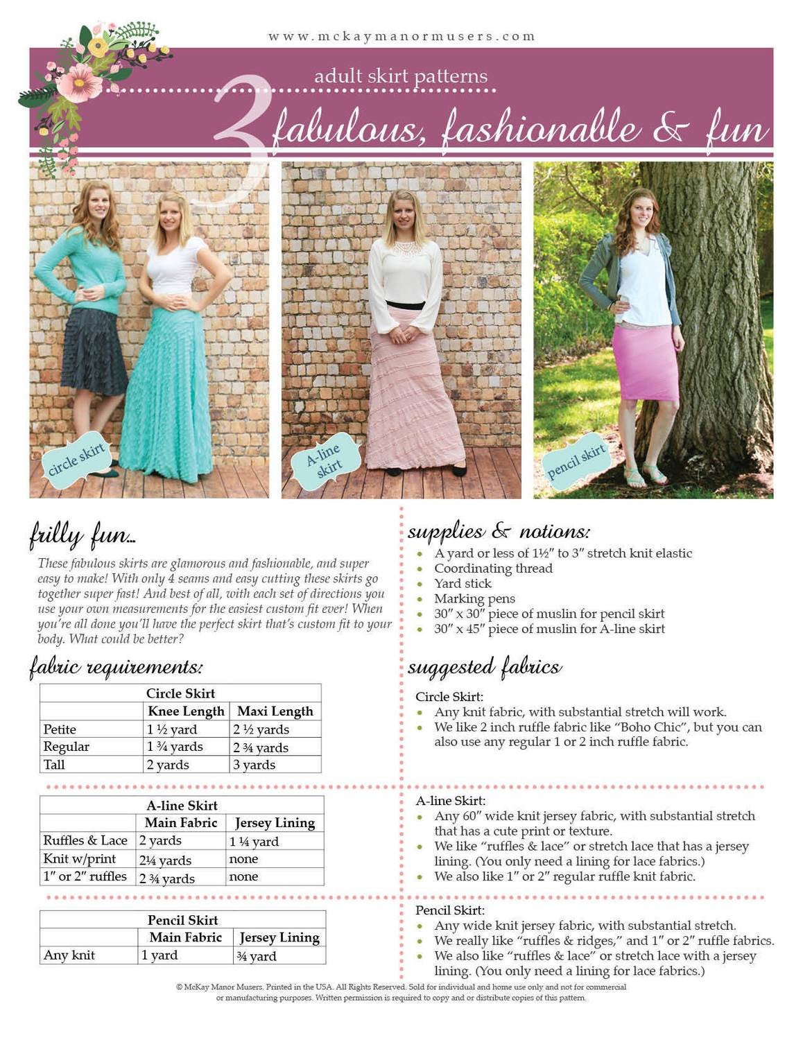 3 Fabulous, Fashionable, and Fun Adult Skirts PDF Pattern