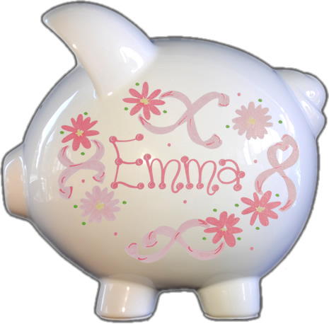 Pink Flowers &amp; Ribbons Design Piggy Bank