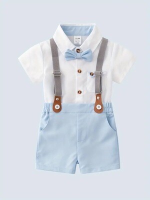 Chic Summer Baby Boy Gentleman Set: Comfortable Lapel Shirt with Bow, Solid Color Suspender Shorts - Durable & Easy Care