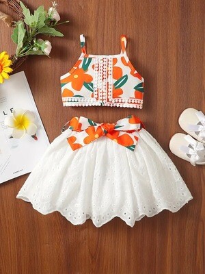 Charming Summer Floral 2-Piece Set for Baby Girls - Embroidered Camisole &amp; Eyelet Skirt, Durable Knit Fabric, Easy Care
