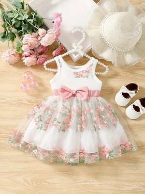 Baby Girls Round Neck Bow Sleeveless Dress, Floral Embroidery Double Layer Mesh Dress For Summer New