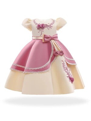 Elegant Girls Princess Dress with Embroidered Flowers & Lace - Perfect for Weddings, Birthdays & Special Occasions
