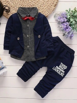 Chic &amp; Comfy Boys&#39; Party Set: Long-Sleeve Cotton Polka Dot Outfit with Stylish Lapel - Ideal for Spring/Fall