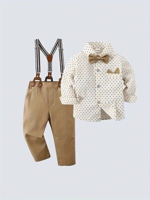 Toddler Baby Boys Gentleman Outfits, 2pcs Long Sleeve Lapel Shirt With Bow And Bib Pants Set, Handsome For Birthday Party Evening Party Performance Wedding Lunar New Year Banquet