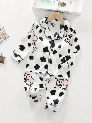 Cow Pattern Kid's Pajamas 2pcs, Long Sleeve Top & Satin Pants Set, Comfy PJ Set, Toddler Boy's Loungewear
