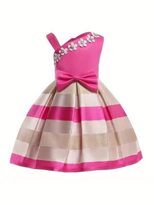 Kids&#39; Chic One-Shoulder Striped Party Dress with Bow Detail - Perfect for All-Season Weddings and Celebrations