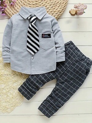 Charming Gentleman&#39;s Ensemble for Boys: Comfortable Cotton Lapel Shirt with Tie &amp; Plaid Pants - Perfect for Parties and Birthdays