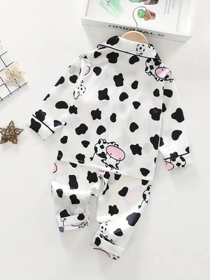 Cow Pattern Kid's Pajamas 2pcs, Long Sleeve Top & Satin Pants Set, Comfy PJ Set, Toddler Boy's Loungewear