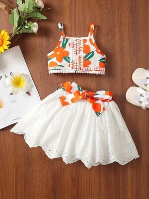 Charming Summer Floral 2-Piece Set for Baby Girls - Embroidered Camisole & Eyelet Skirt, Durable Knit Fabric, Easy Care